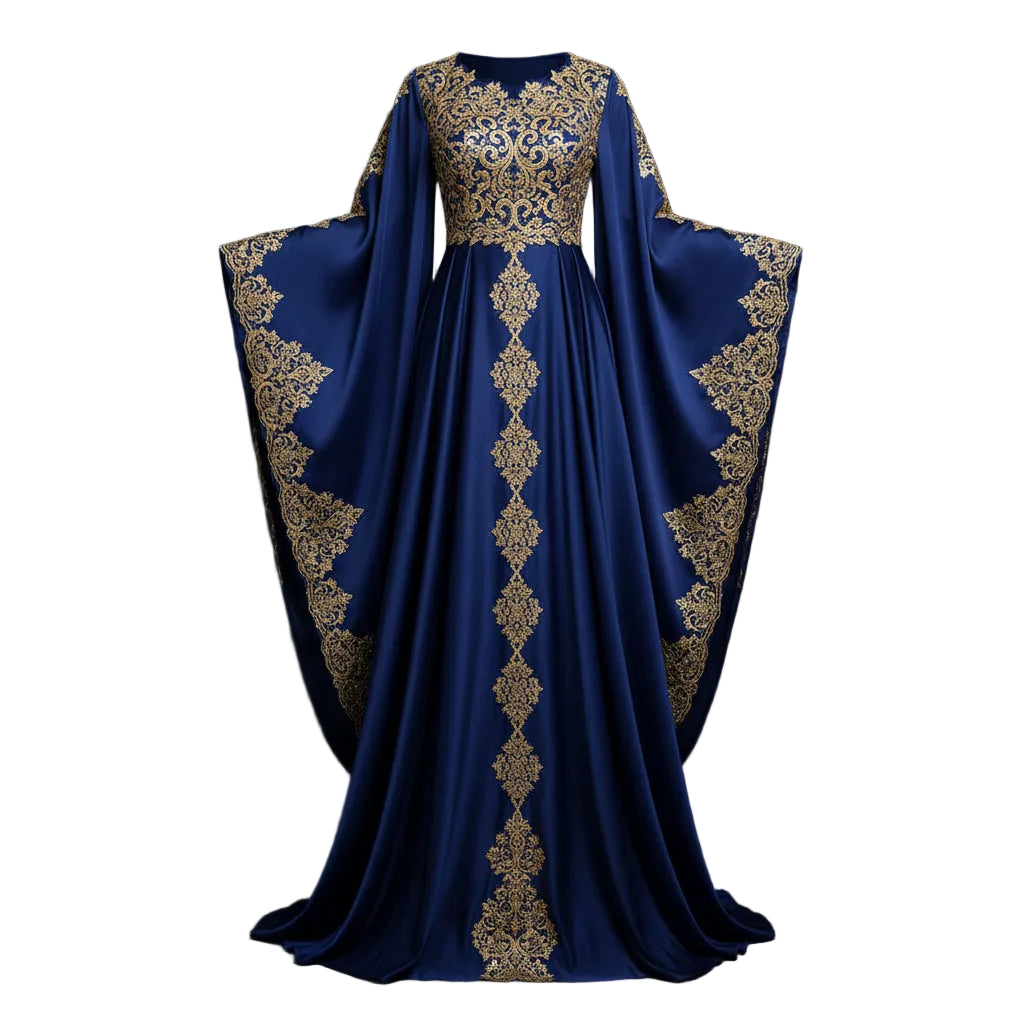 Blue dress with gold embroidery on a dark background