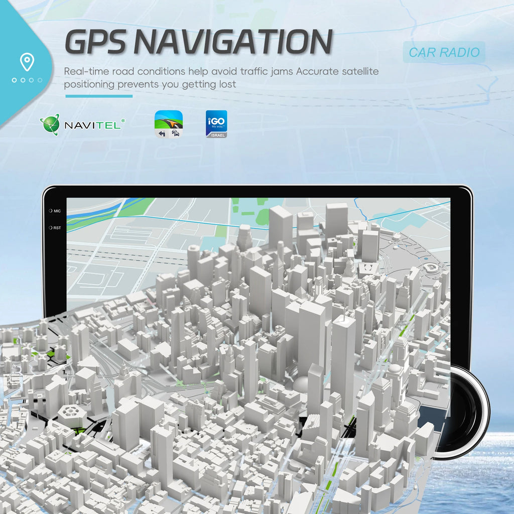 GPS navigation device with cityscape background and Navitel and IGO logos.