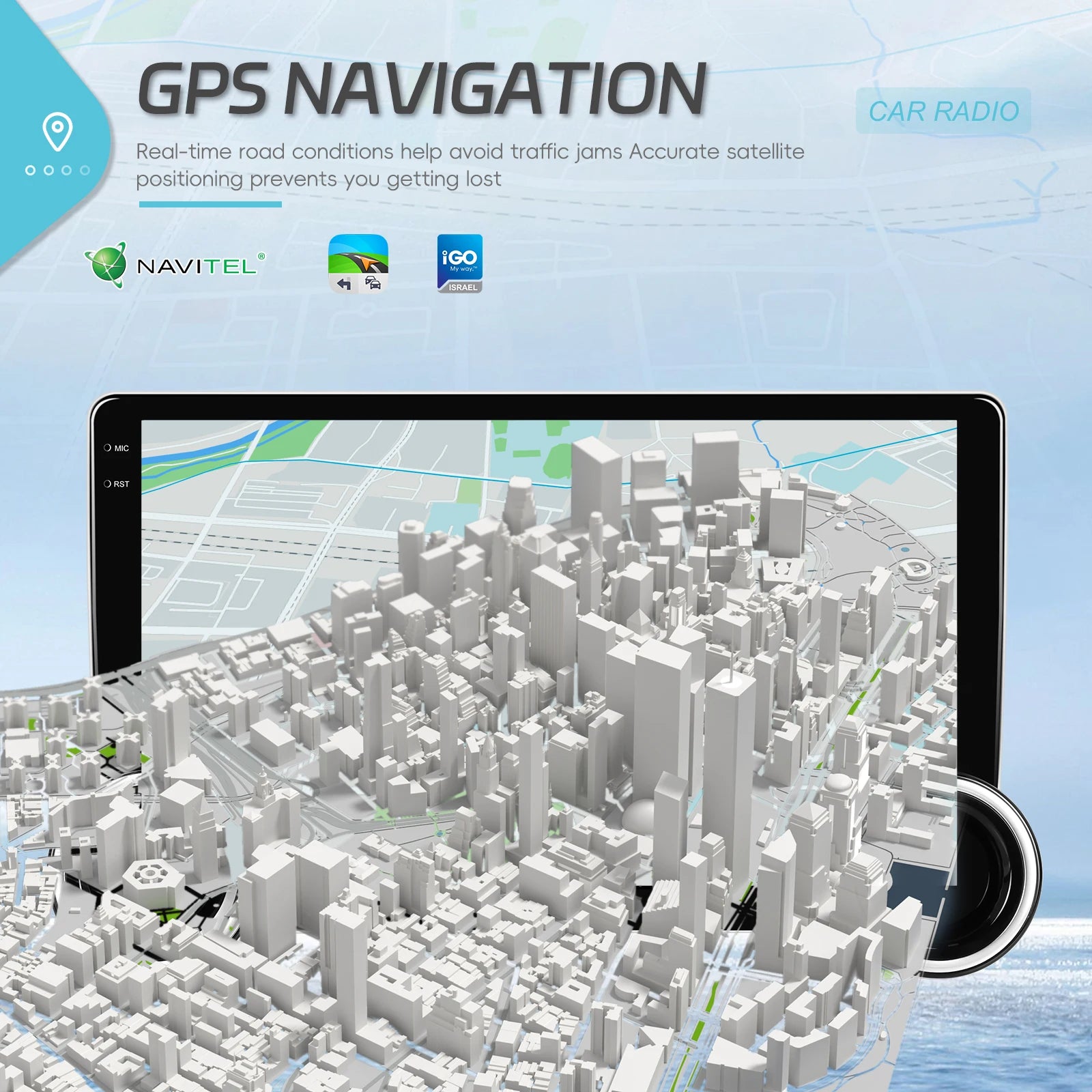 GPS navigation device with cityscape background and Navitel and IGO logos.