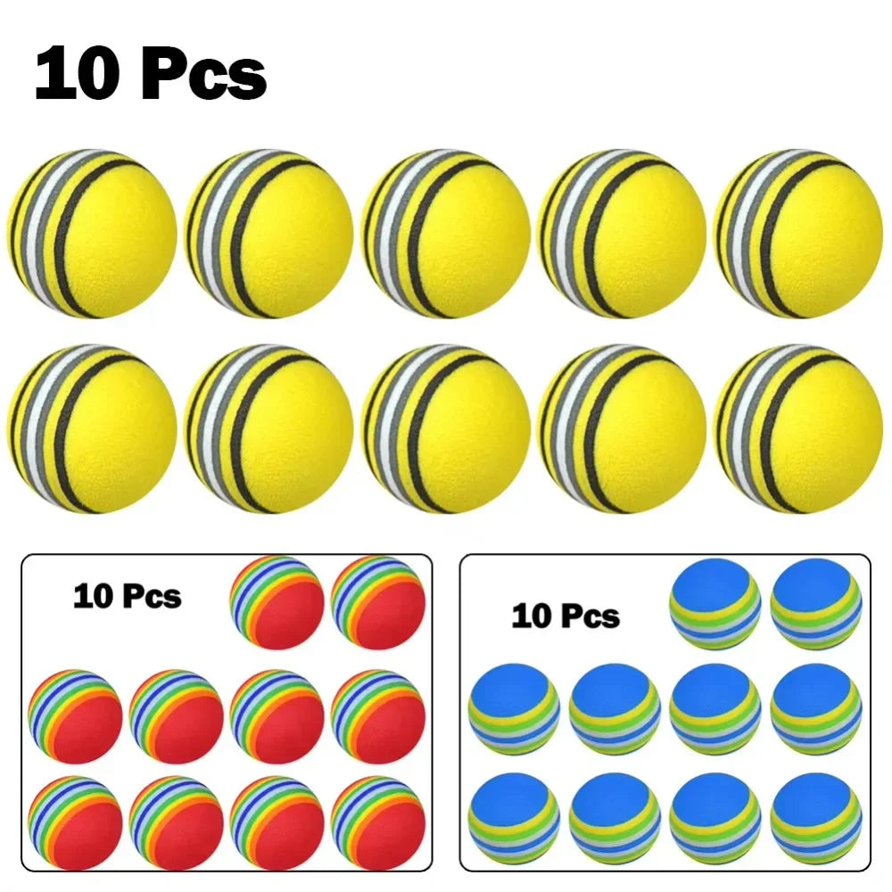 10 yellow foam golf balls UK with black and white stripes on a white background
