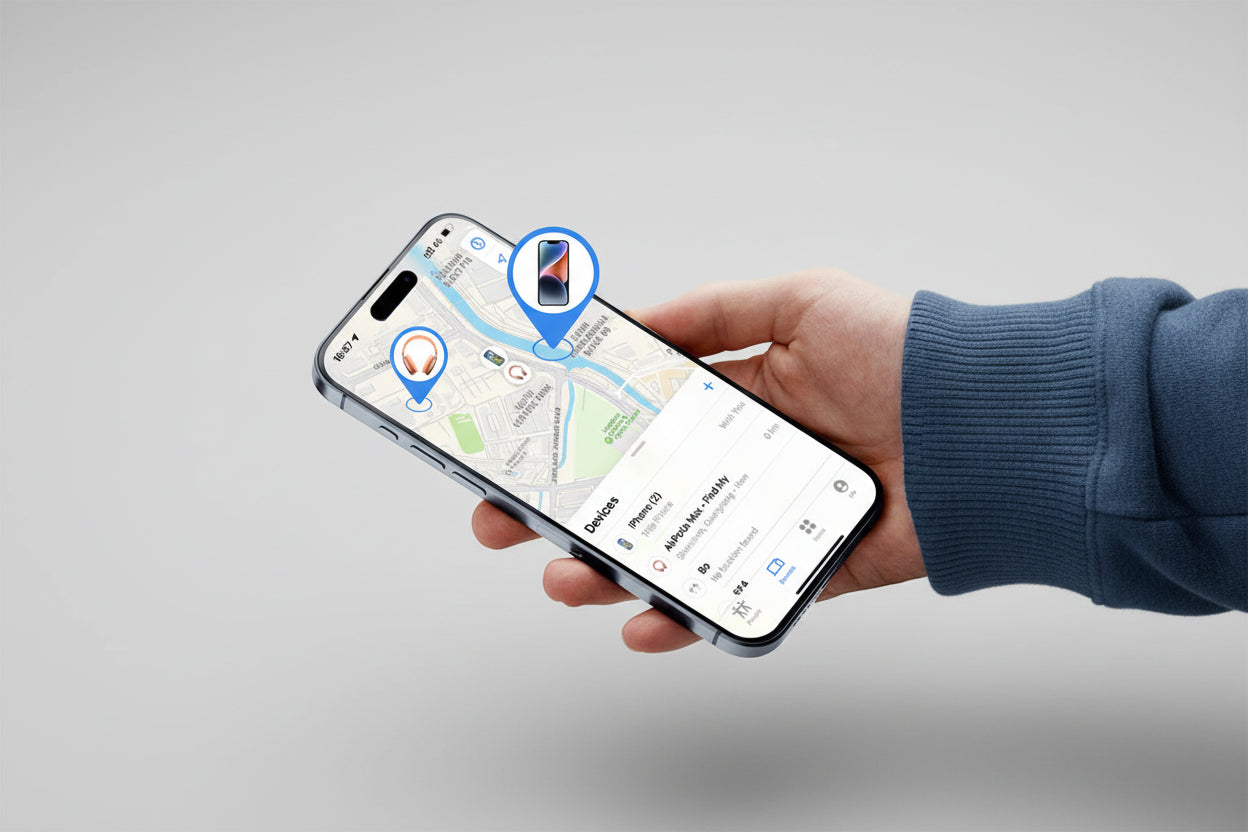 Hand holding a smartphone with 'Find My' app interface, showing a map and device location on a white background.