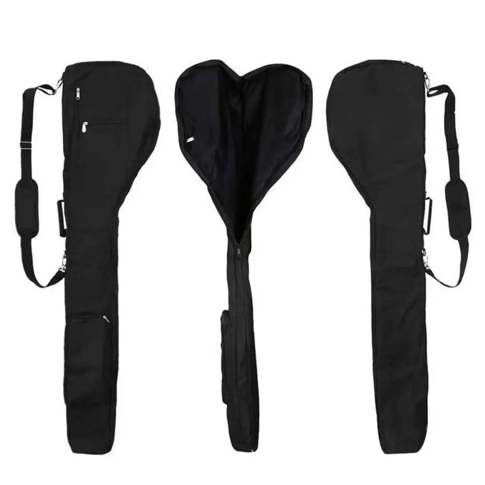 golf sunday bag UK - Three views of a black saddlebag-style soft case on a plain white background, showing the exterior side, open interior, and back side with shoulder strap.