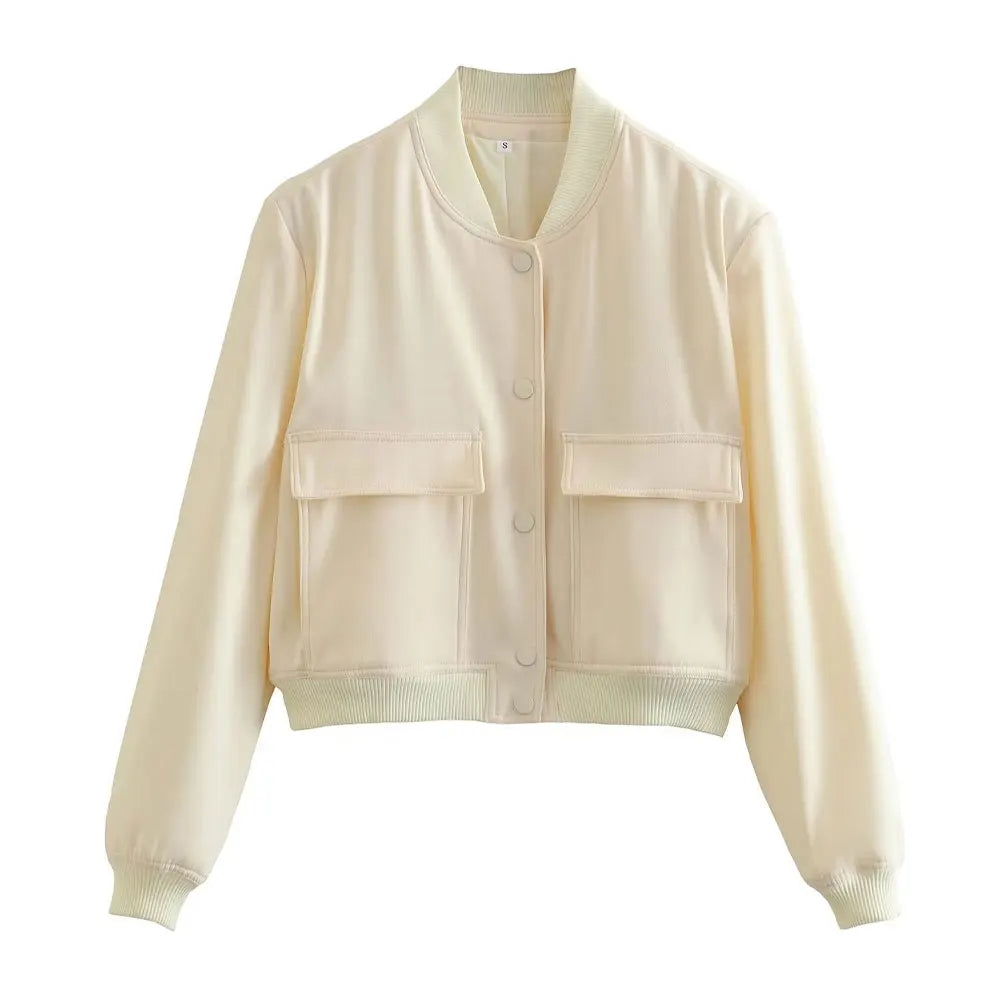 Women Fashion Bomber Jacket With Pockets Casual Vintage Outerwear Coat