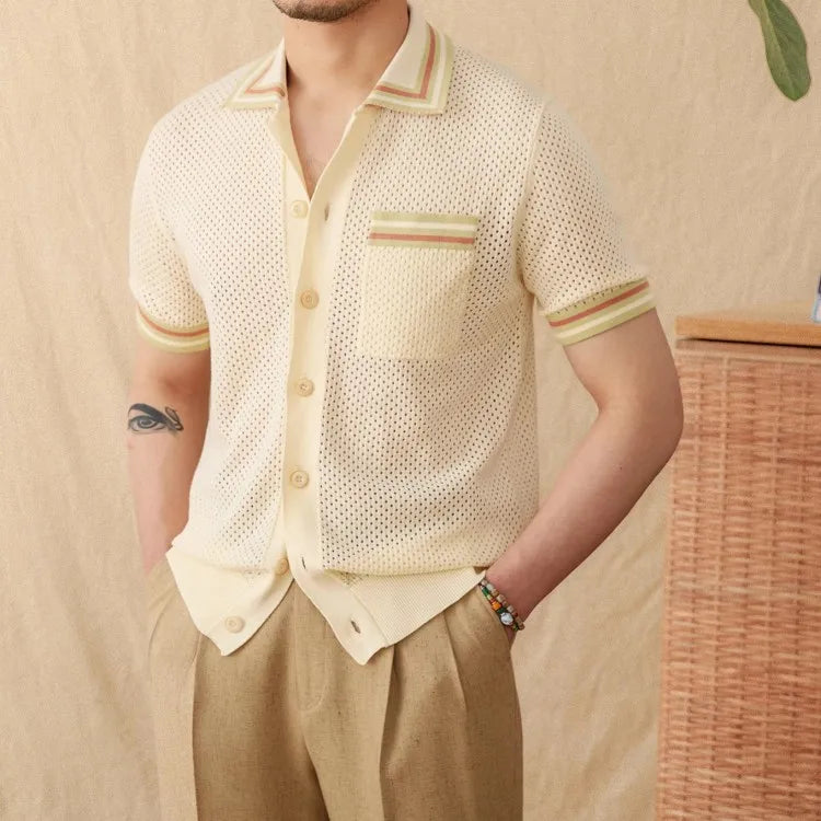 Summer Men's Breathable Hollow Out Knitted Shirt Business Casual