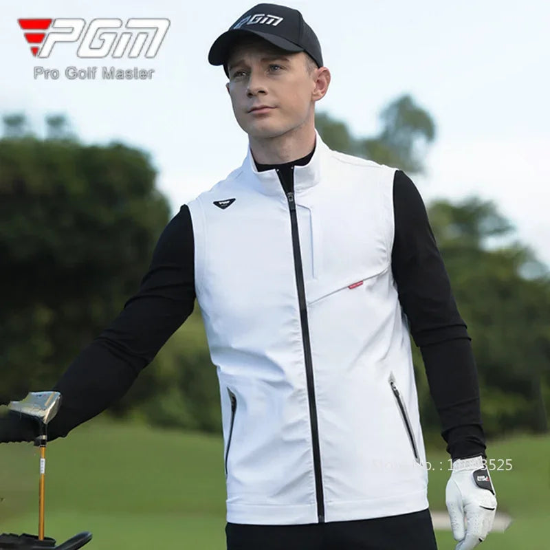golf gilet UK - Man in golf attire with a white vest and black cap on a golf course, featuring PGM branding.