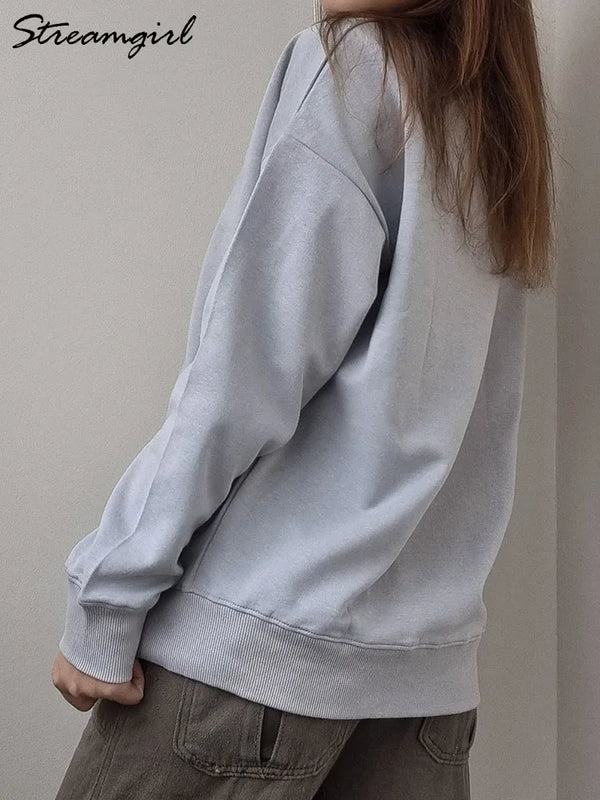 Blue Cotton Oversize Sweatshirt for Women – O-Neck Loose Pullover - Adistore
