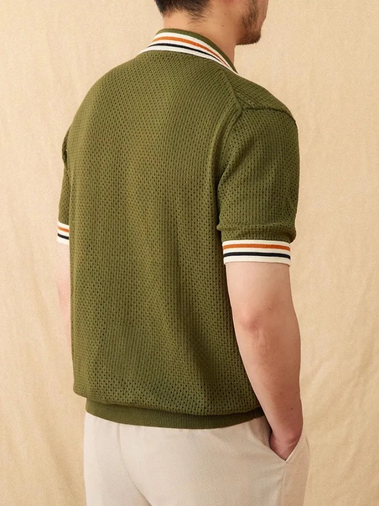 Summer Men's Breathable Hollow Out Knitted Shirt Business Casual