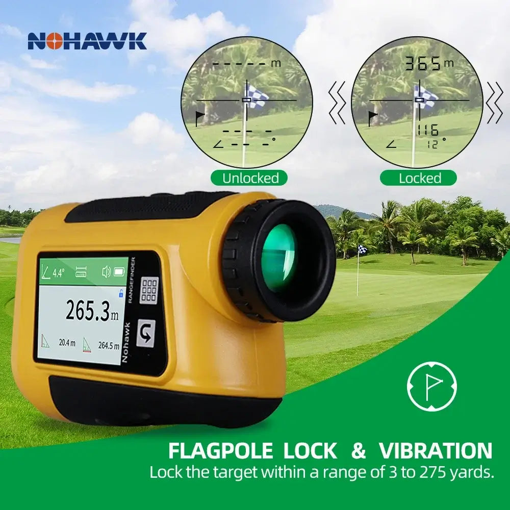 golf rangefinder with slope compensation UK - Rangefinder with flagpole lock and vibration feature on a golf course background, featuring Nohawk branding.