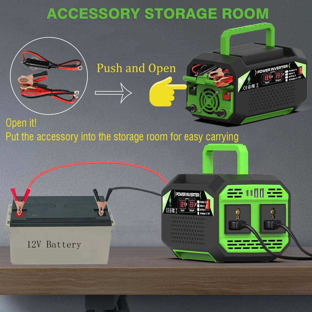 500W 12V to AC Power Inverter with USB & Type-C