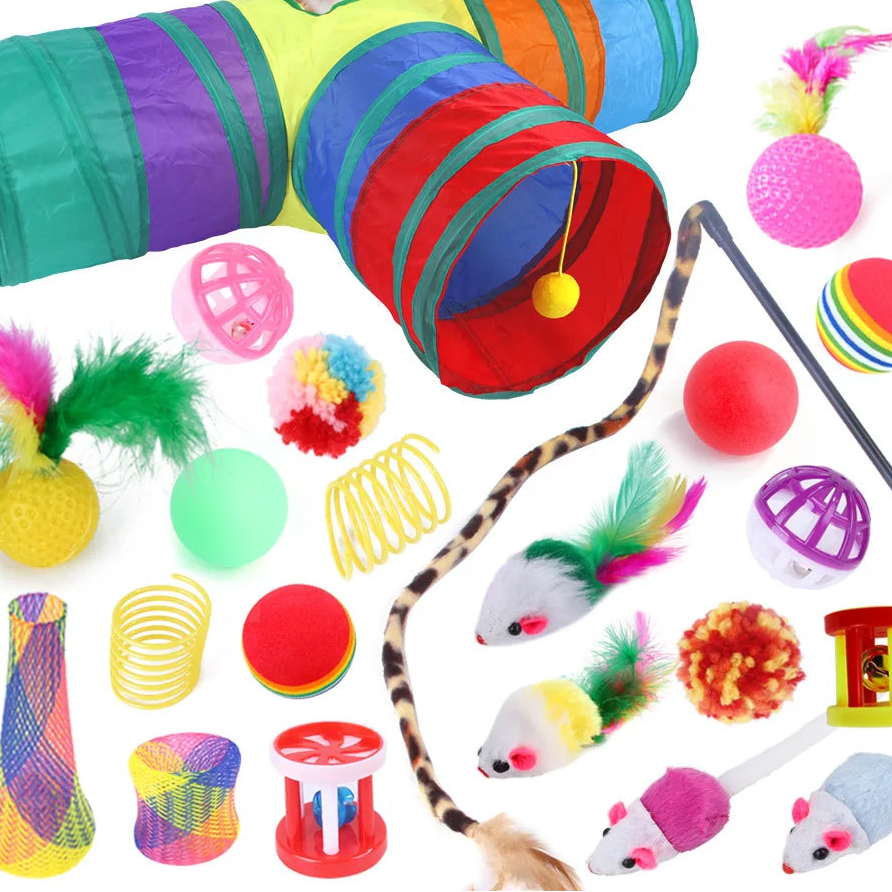 Cat toy set with colorful tunnels and various interactive toys on a white background