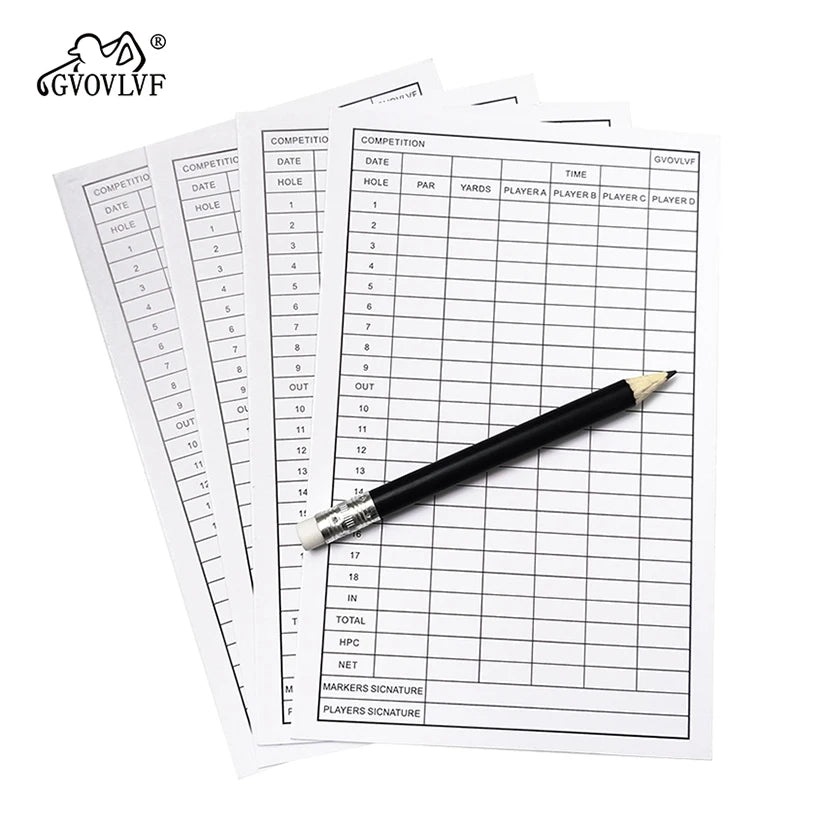 Golf scorecard holder UK - Scorecard sheets with a pencil on a white background, featuring the brand 'GVOVLVF'.
