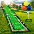 Golf practice mat with golf balls and flag on a grassy background