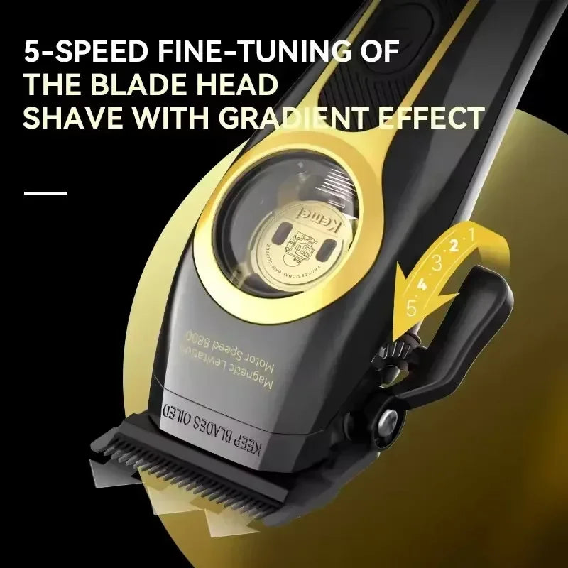 Hair trimmer with gold accents and text highlighting blade head shaving feature on a gradient background