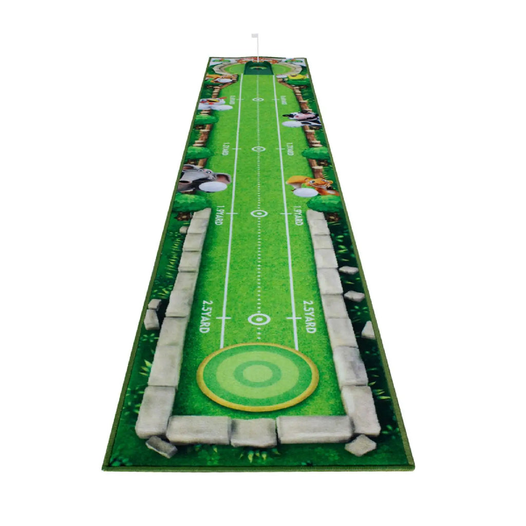 Golf putting green mat with target and yardage markers on a white background