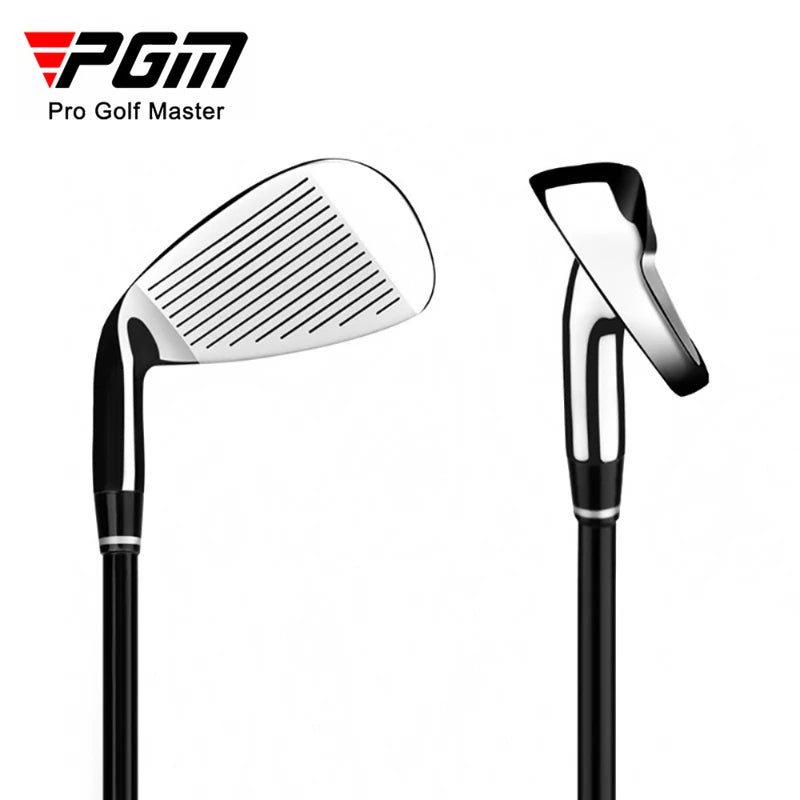 Junior golf club UK - Two PGM Pro Golf Master golf clubs shown on a white background: a metal iron head viewed from the back on the left and a metal putter head viewed from the top on the right. The clubs have black shafts with silver metal heads.
