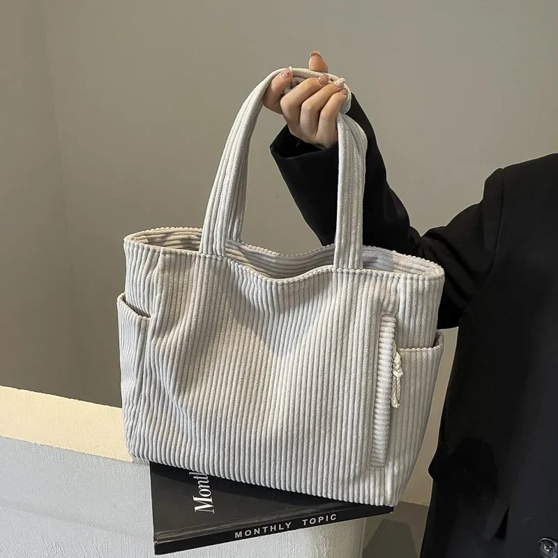 Fashion Striped Velvet Corduroy Shoulder Bag Large Capacity Tote Handbag
