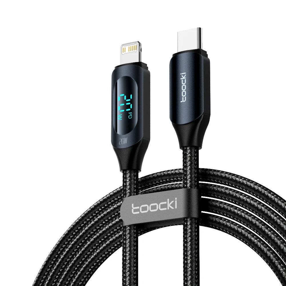 Two charging cables with digital displays on a white background, branded 'toocki'.
