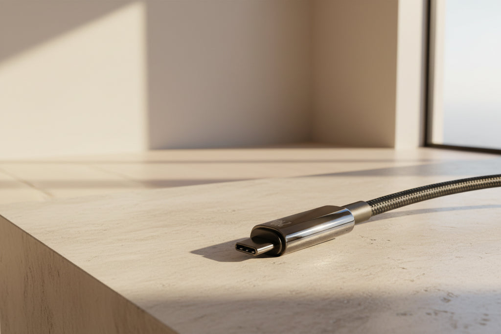 Black charging cable with a connector on a table.