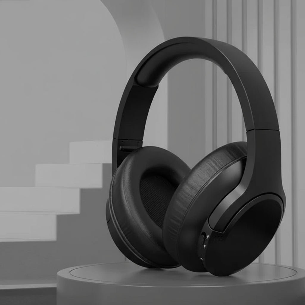 Black Bluetooth wireless earphones on a gray background with text about the product.