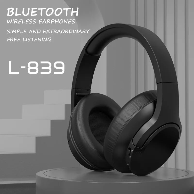 Black Bluetooth wireless earphones on a gray background with text about the product.