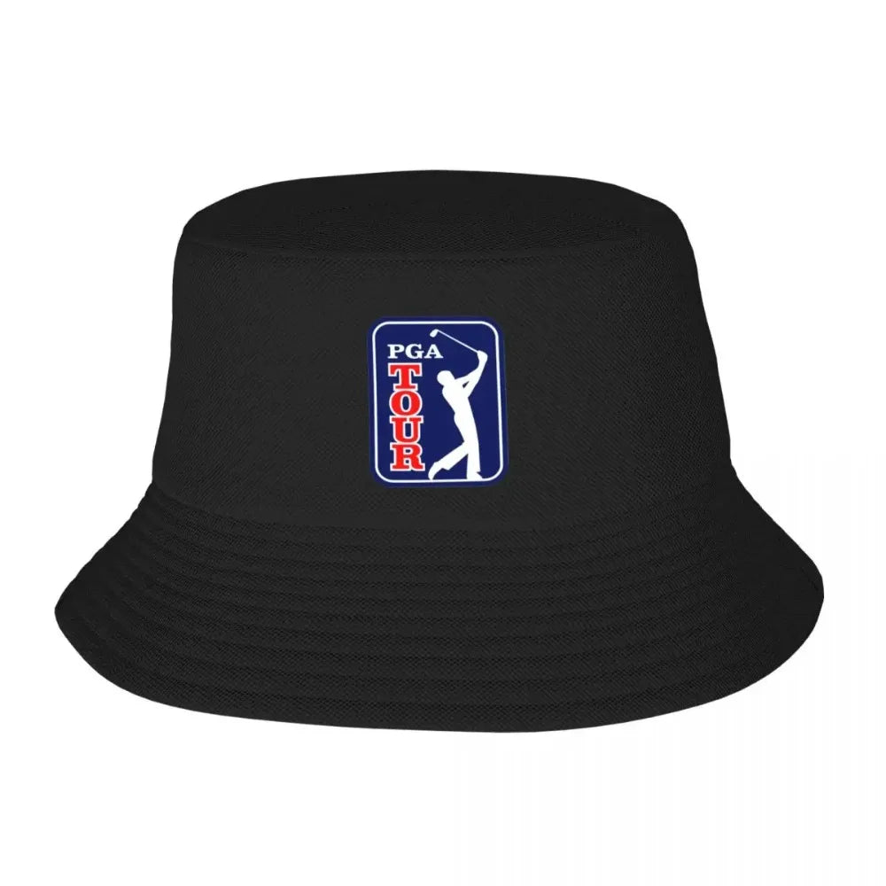 Black golf bucket hat UK with PGA Tour logo on a white background