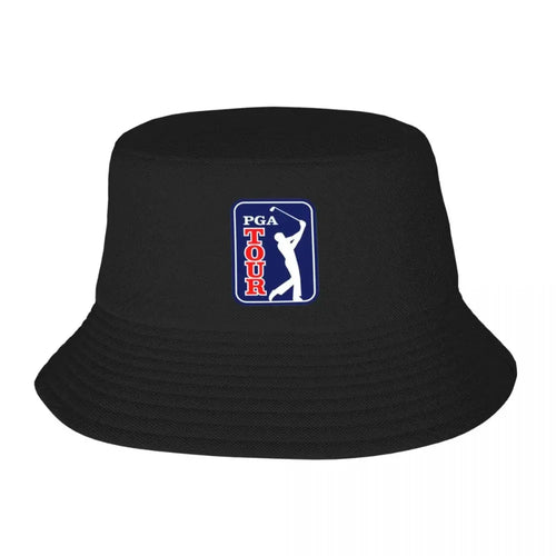 Black golf bucket hat UK with PGA Tour logo on a white background