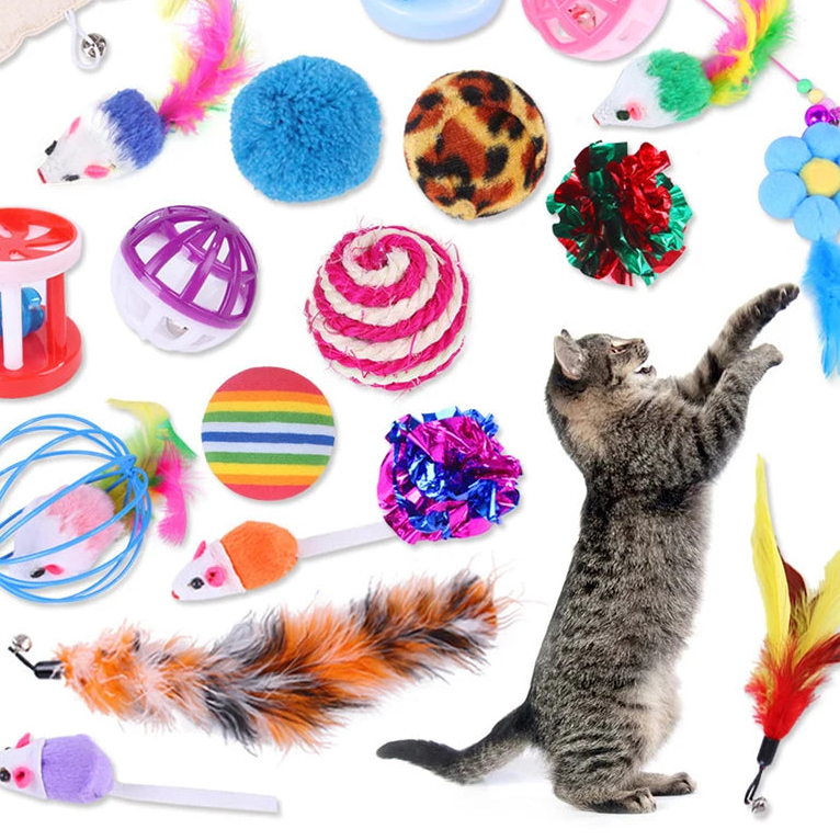 Assorted cat toys with a cat playing with them on a white background