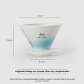 Ceramic filter cup with dimensions and Muvna branding on a white background