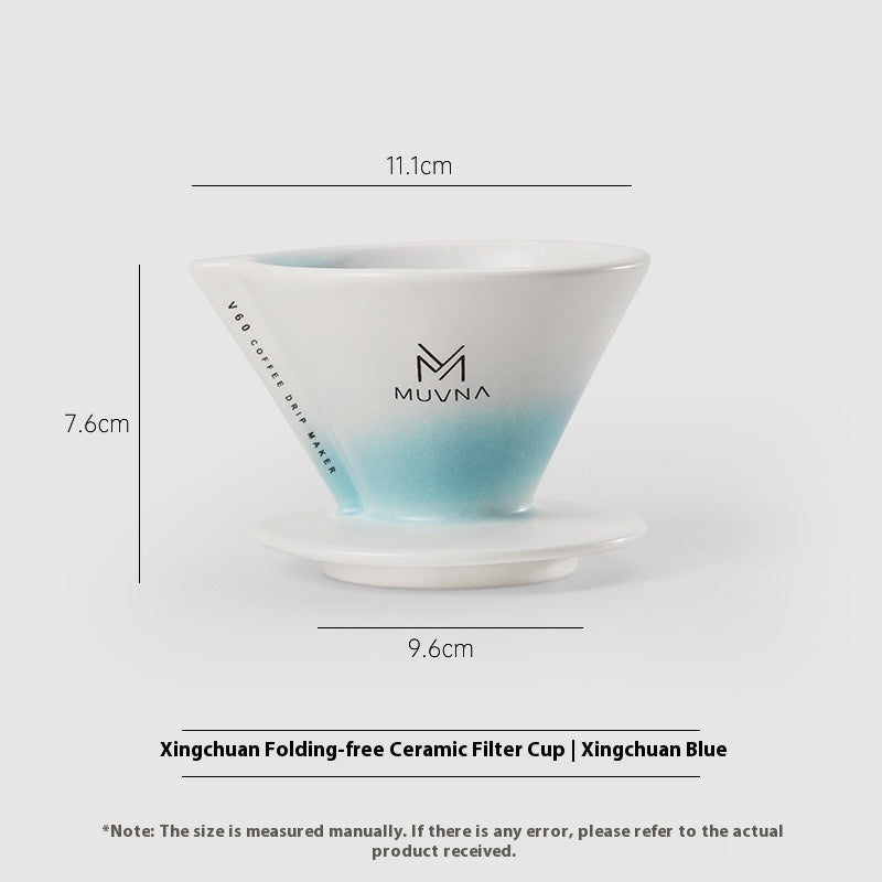 Ceramic filter cup with dimensions and Muvna branding on a white background