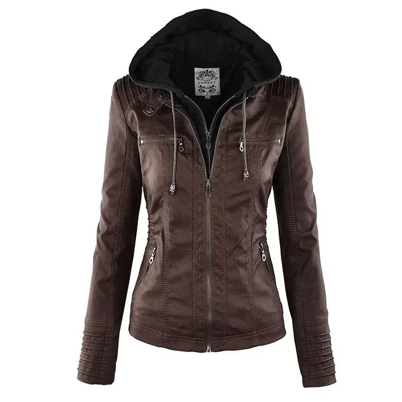 Faux leather jacket for women, 2024 style. Features a PU leather zipper hoodie and outerwear design. Chaqueta.