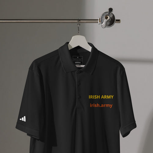 Black polo shirt with 'Irish Army' text on a hanger against a gray background