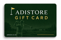 A dark green Adistore gift card featuring a golf course scene with a golfer in the background, white 'ADISTORE' text, gold 'GIFT CARD' text, and the website adistore.co.