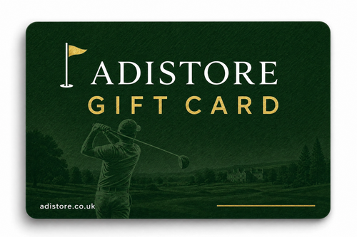 A dark green Adistore gift card featuring a golf course scene with a golfer in the background, white 'ADISTORE' text, gold 'GIFT CARD' text, and the website adistore.co.