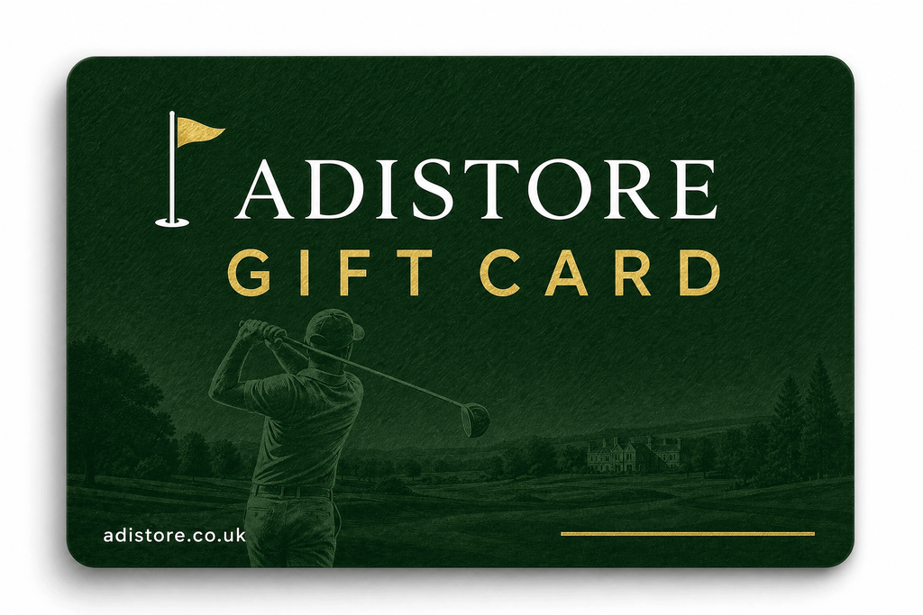 A dark green Adistore golf gift card UK featuring a golf course scene with a golfer in the background, white 'ADISTORE' text, gold 'GIFT CARD' text, and the website adistore.co.