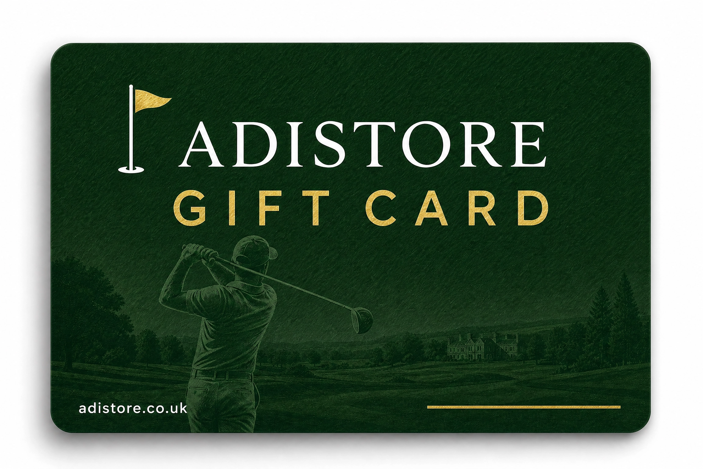 A dark green Adistore golf gift card UK featuring a golf course scene with a golfer in the background, white 'ADISTORE' text, gold 'GIFT CARD' text, and the website adistore.co.