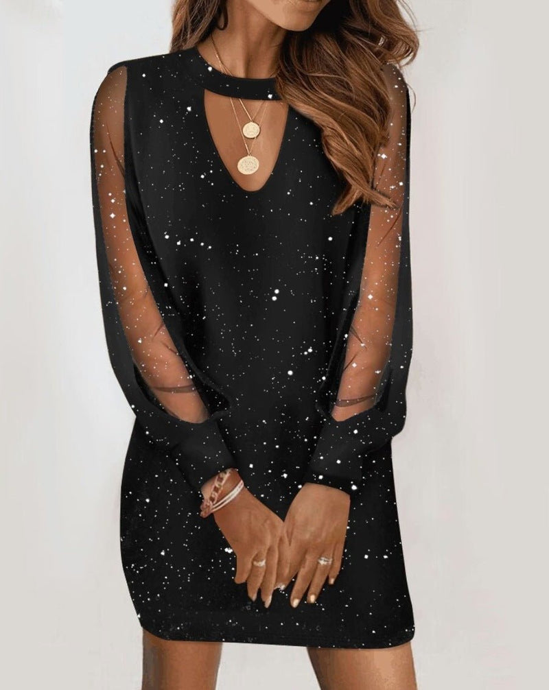 Elegant Long-Sleeved V-Neck Lace Splicing Dress for Women - Adistore
