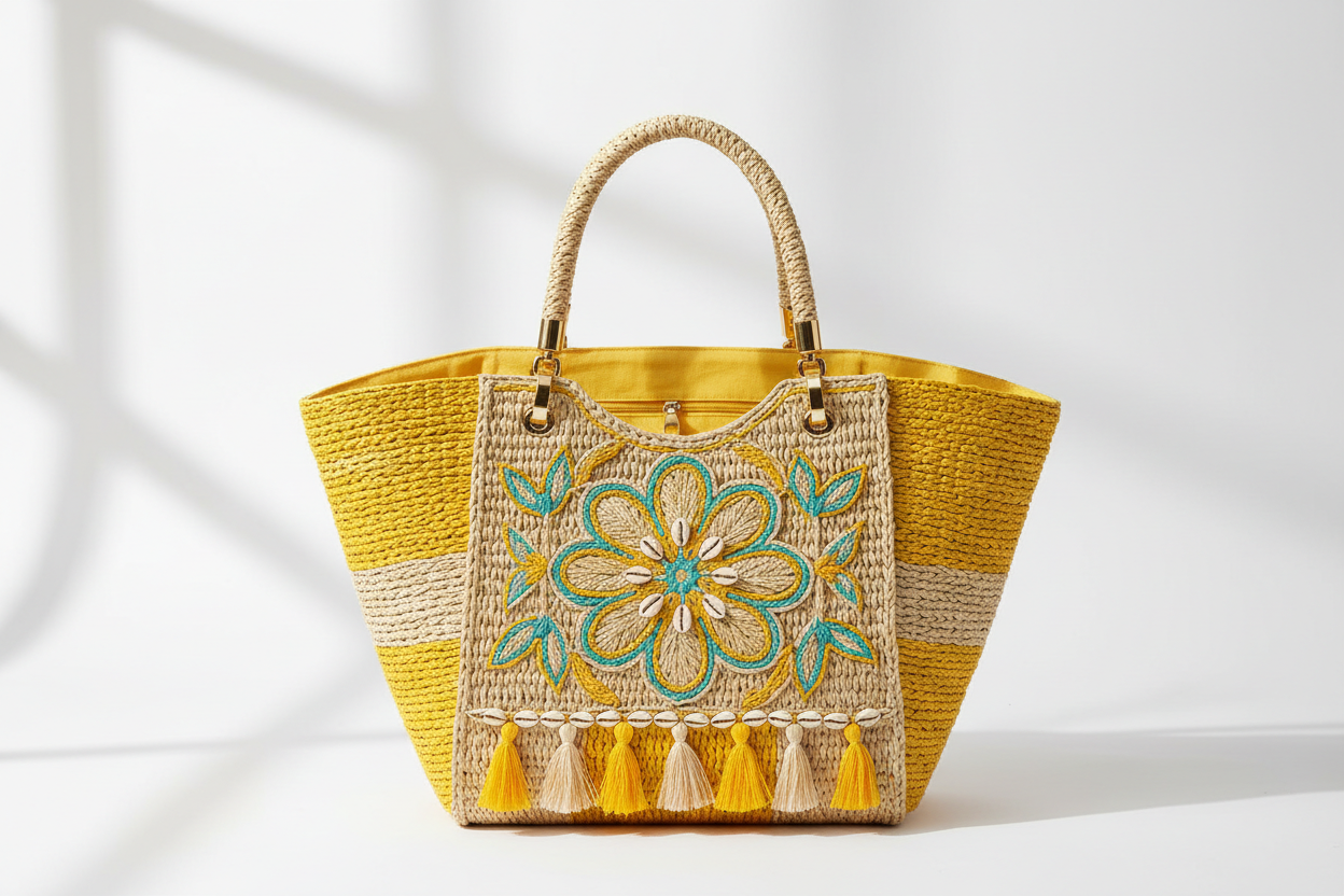 Bohemian Beach Straw Tote Bags for Women – Luxury Designer Handbags - yellow