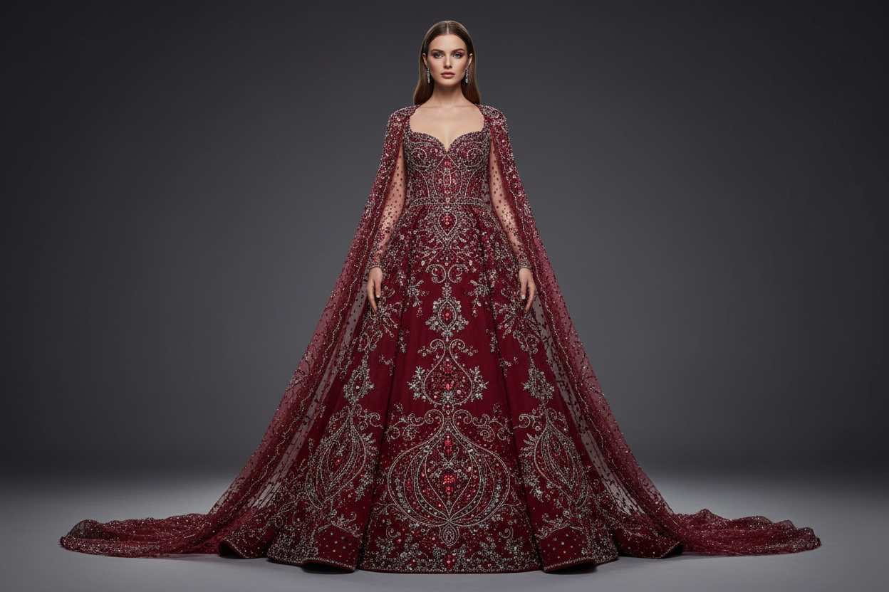 Burgundy Sparkly Crystal Prom Dress – Luxury Embroidered Suede Gown - burgundy