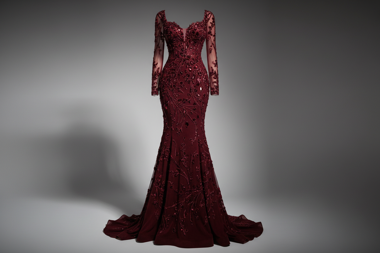 Burgundy Sparkly Crystal Prom Dress – Luxury Embroidered Suede Gown - customise