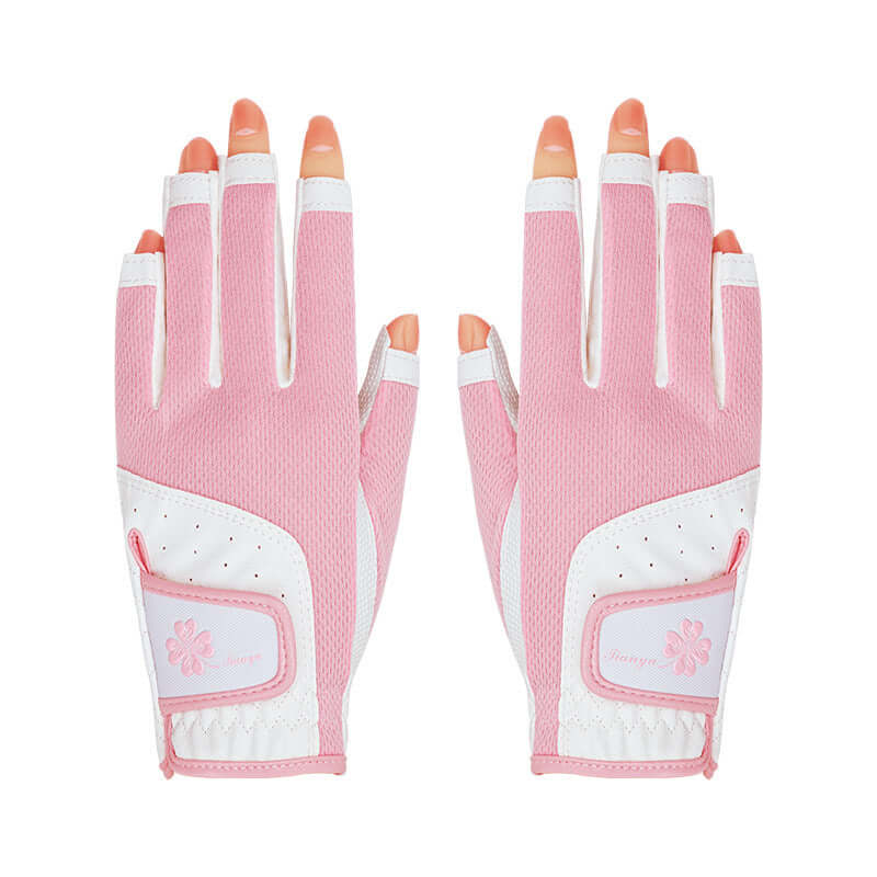 Women's golf gloves UK — Pink breathable non-slip open finger grip gloves on hands.in white, pink and blue