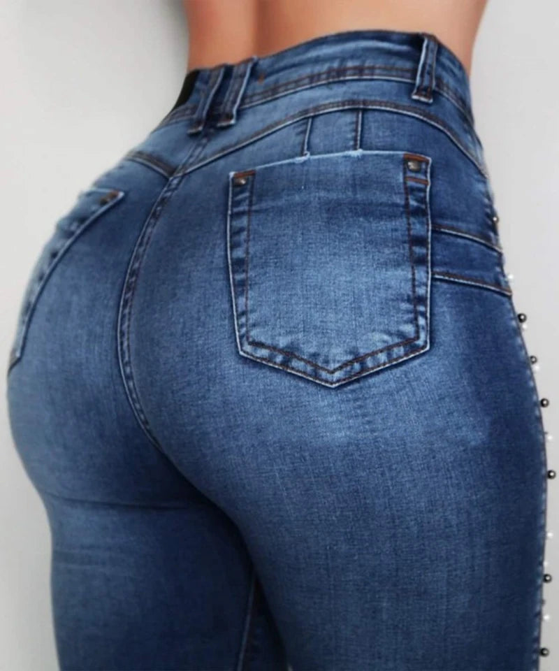 Women High Waist Slim Skinny Elastic Denim Jeans.