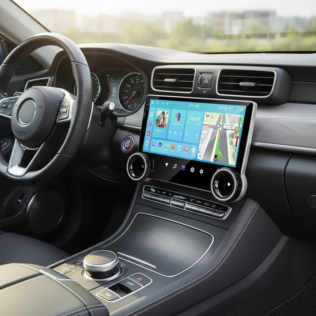 10.1 inch Podofo car multimedia player with touchscreen display and speakers on a white background.