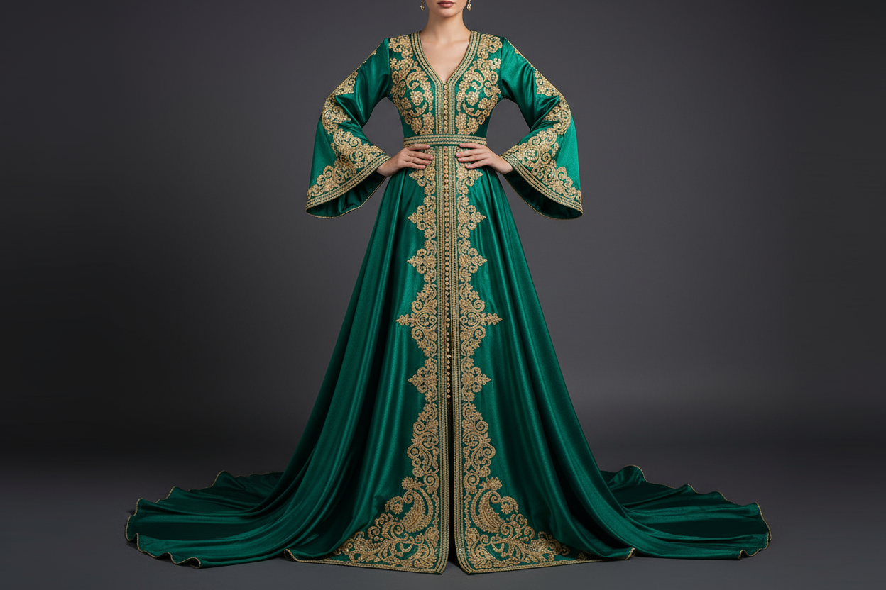 Emerald Green Middle Eastern Evening Dress | Luxury Embroidered Kaftan
