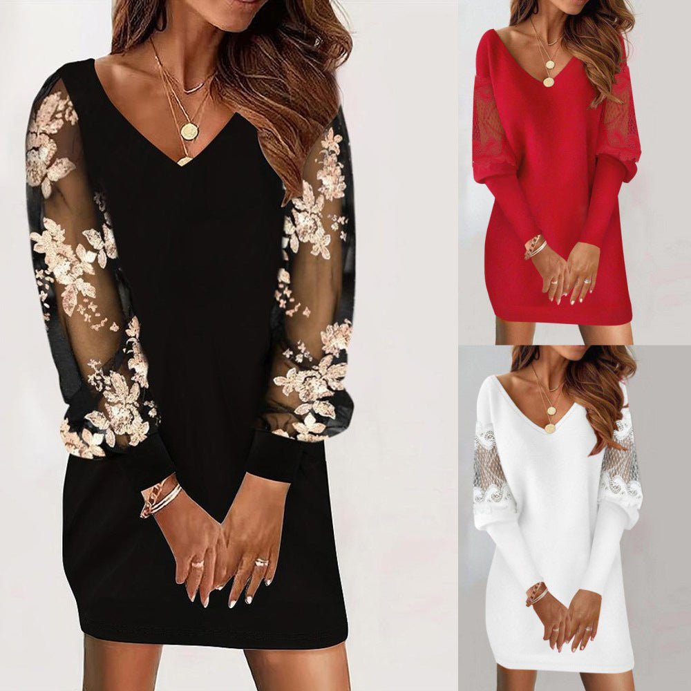  Long-sleeved V-neck Dress with lace splicing, ideal for spring and autumn. 