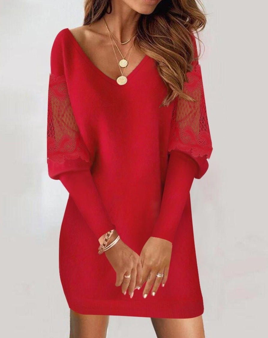 Long-sleeved V-neck Women's Lace Splicing Dress.