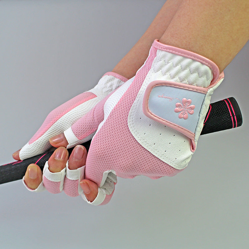 Women's golf gloves UK — Pink breathable non-slip open finger grip gloves.