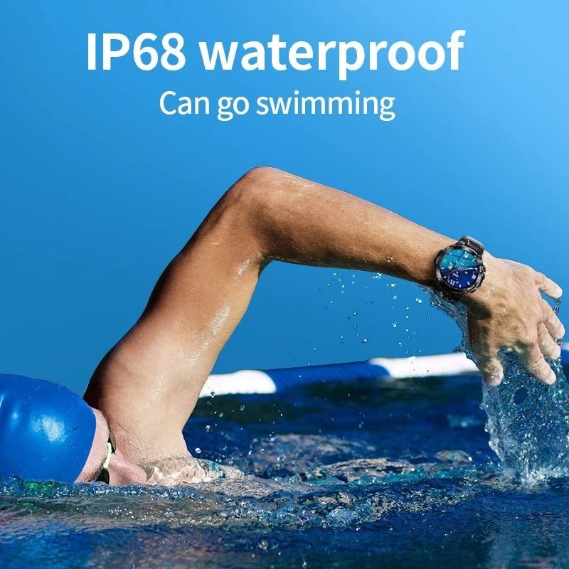 Man swimming with LIGE GPS Smart Watch on wrist showcasing its IP68 waterproof feature in action.