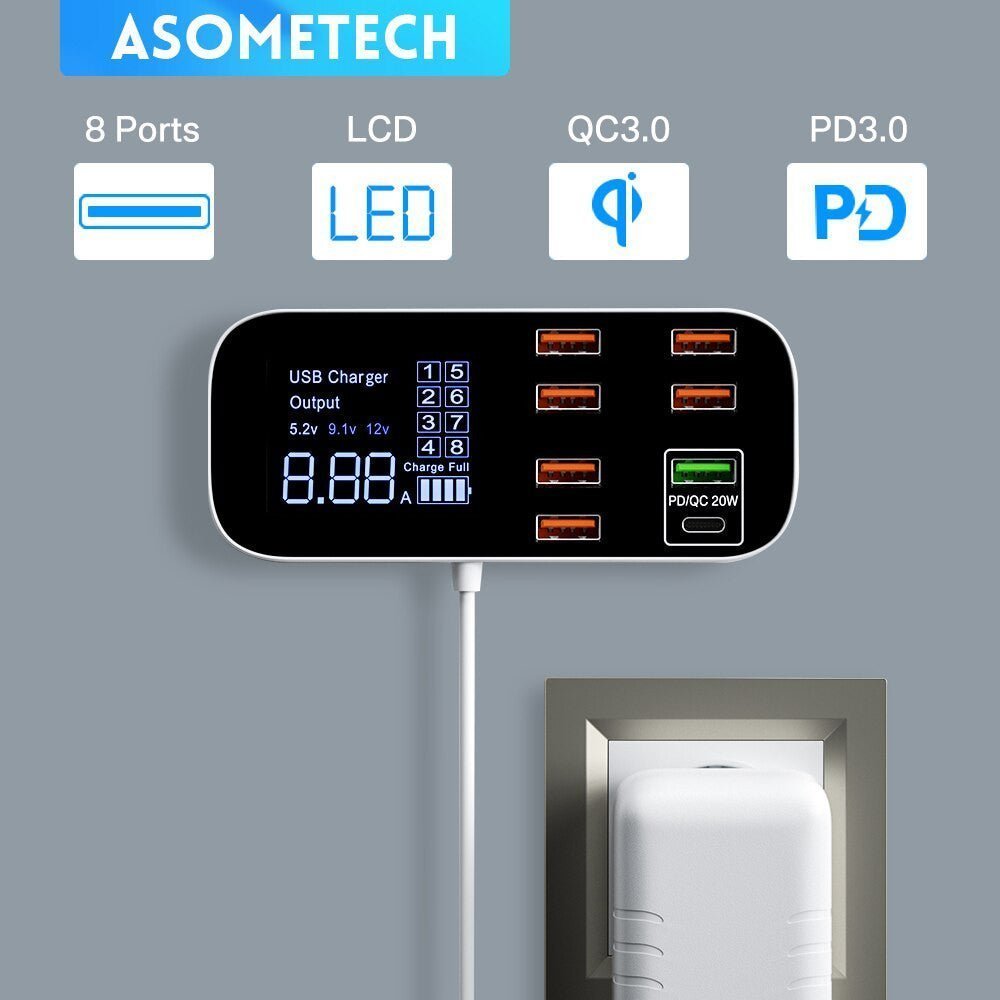 8 Port USB Charge Station with LED display for iPhone 14 & 13 and Xiomi.