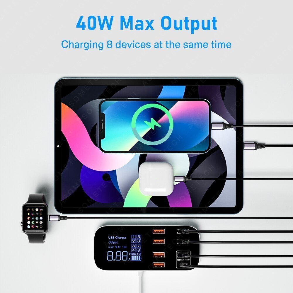 ASOMETECH 8-Port USB Charger Station with LED Display for iPhone & Xiaomi - Adistore