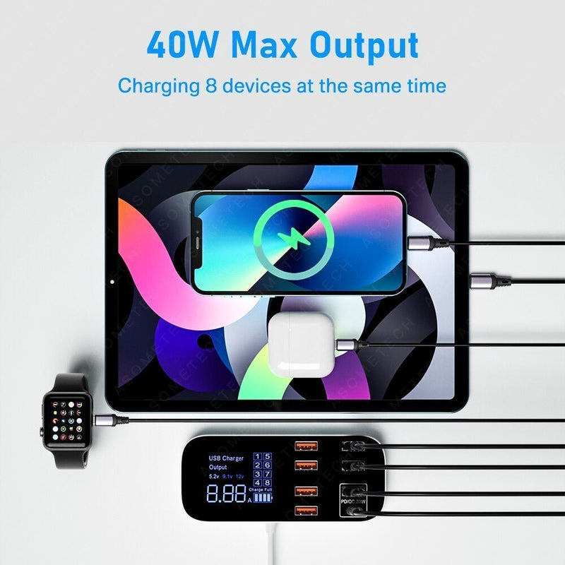 ASOMETECH 8-Port USB Charger Station with LED Display for iPhone & Xiaomi - Adistore